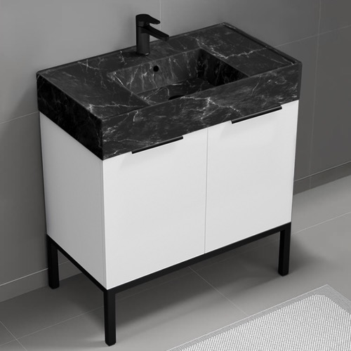 Nameeks DERIN992 Modern Bathroom Vanity With Black Marble Design Sink, Floor Standing, 32 Inch, Glossy White